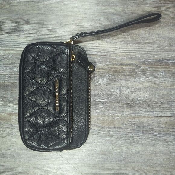 Vera Bradley Quilted Sophie Wristlet Genuine Leather Black W/ Floral Lining - Picture 8 of 12
